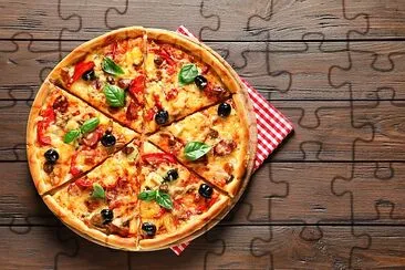 Delicious pizza with olives and sausages jigsaw puzzle