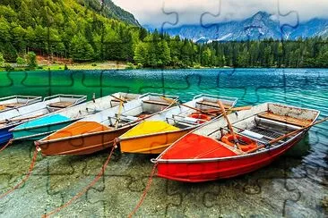 boats on the crystal clear alpine lake,Lake Fusine jigsaw puzzle