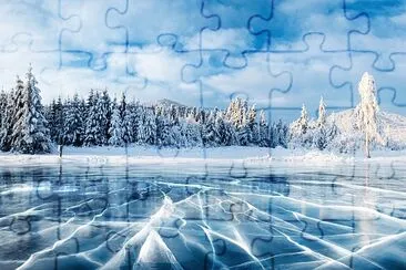 Frozen lake in winter mountains, Carpathian Ukrain jigsaw puzzle