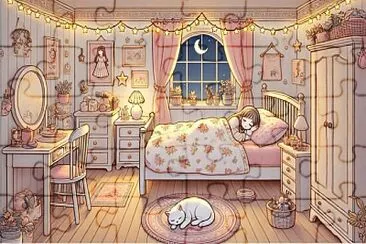 Chambre fille coquette - petit chat blanc jigsaw puzzle