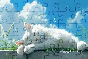 Mignon petit chat blanc - ciel bleu jigsaw puzzle