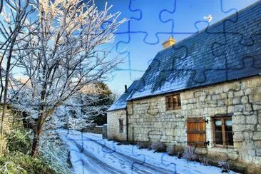 barn and lane in snow