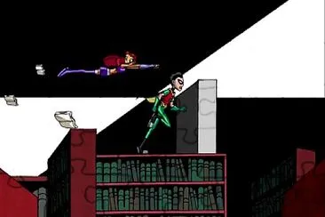 robin y starfire huyen de unos libros los jovenes titanes